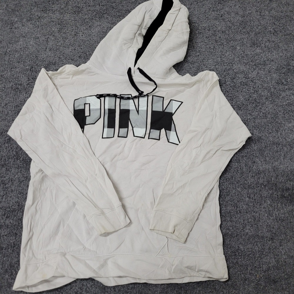 PINK Hoodie Womens Size L White Plaid Logo Graphic Pullover Long Sleeve Stained